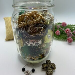 Vintage Gold &  Black Jewelry Jar with Pearl Necklace Unique Beads for Crafting
